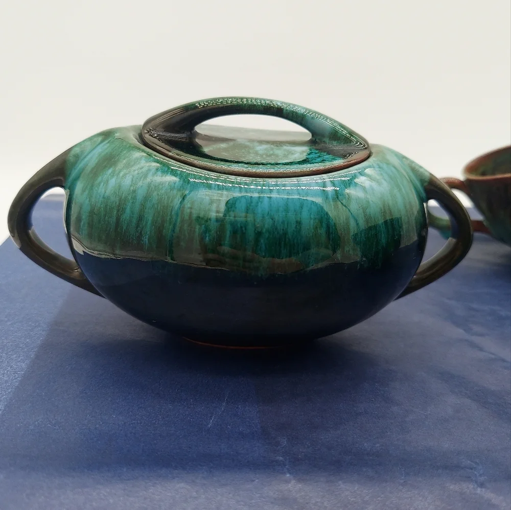 Bowl Sugar Open Sugar Blue Mountain Pottery Green Blue Redware Clay - Picture 7 of 9